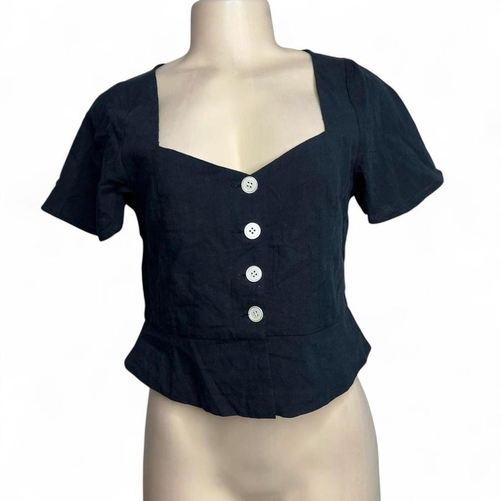 Crescent Black Square Neck Button-Front Peplum Top